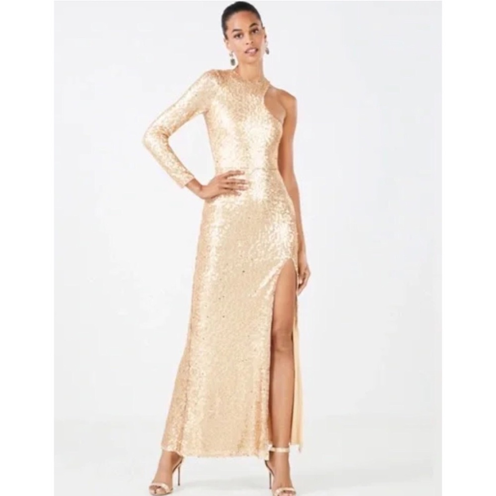 BCBG max azria one shoulder gold gown with slit